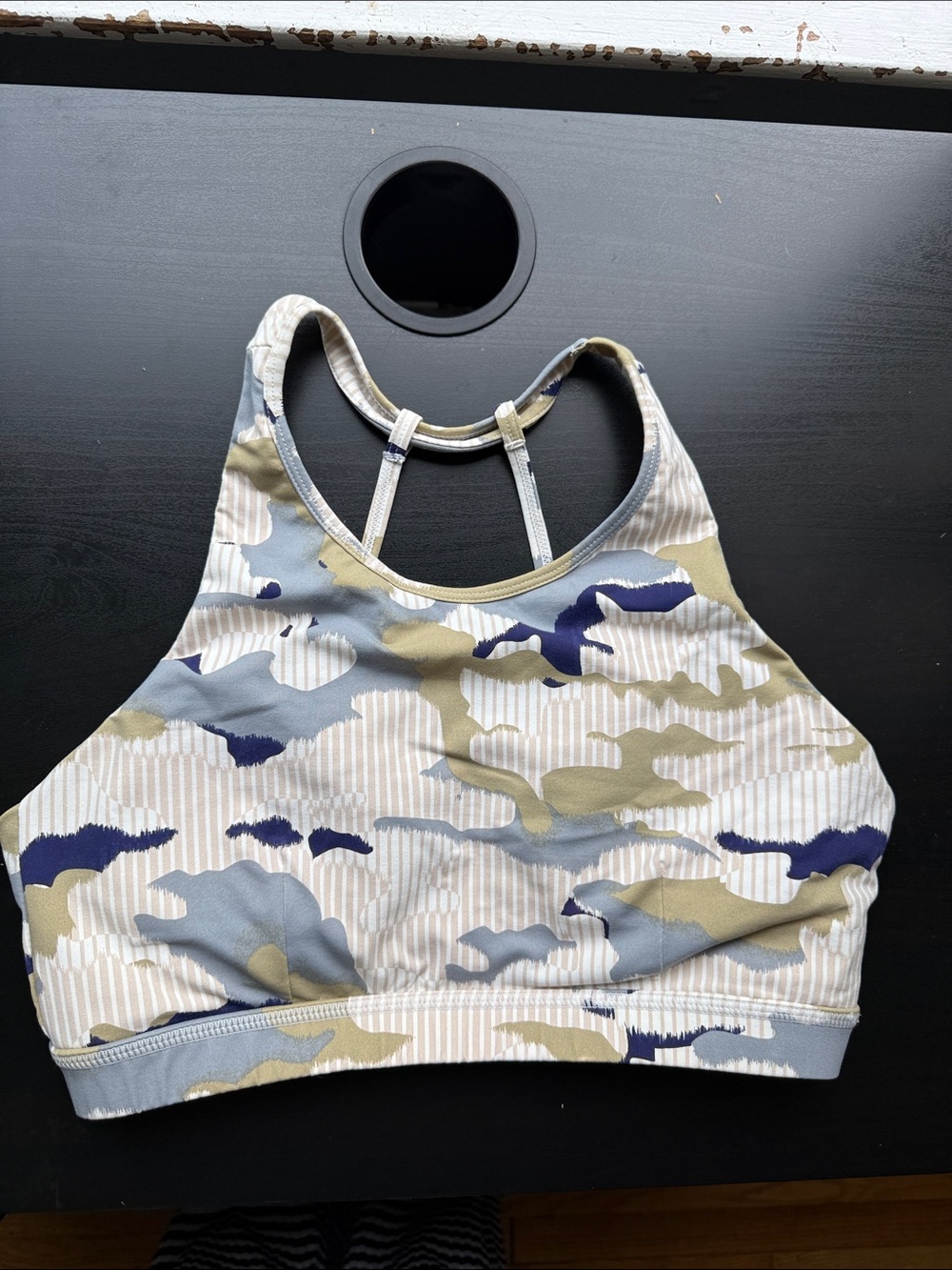 Mono B High-Neck Camouflage Sports Bra in Blue, Green & White